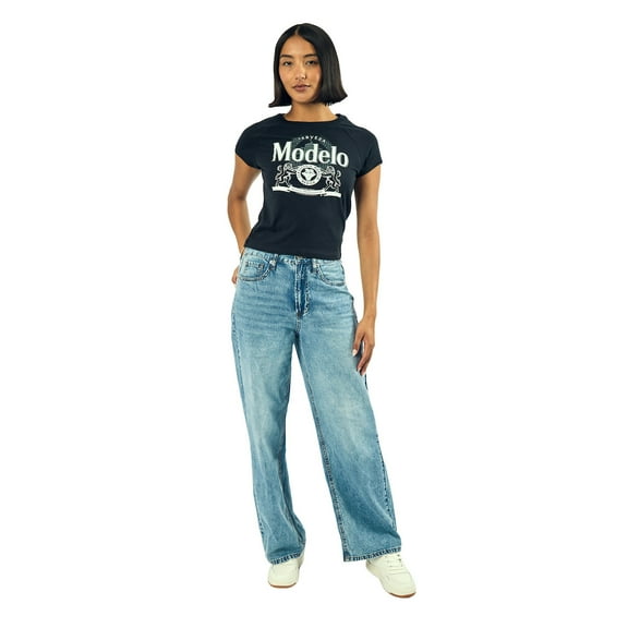 Modelo Logo Women's Black Crew Neck Short Sleeve Baby Raglan Tee-Large