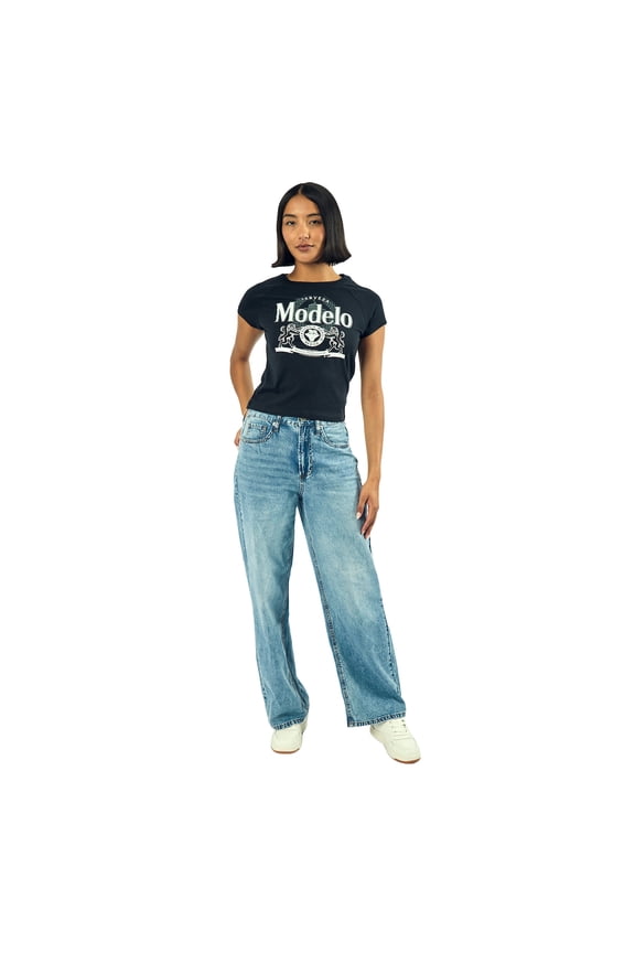 Modelo Logo Women's Black Crew Neck Short Sleeve Baby Raglan Tee-Large
