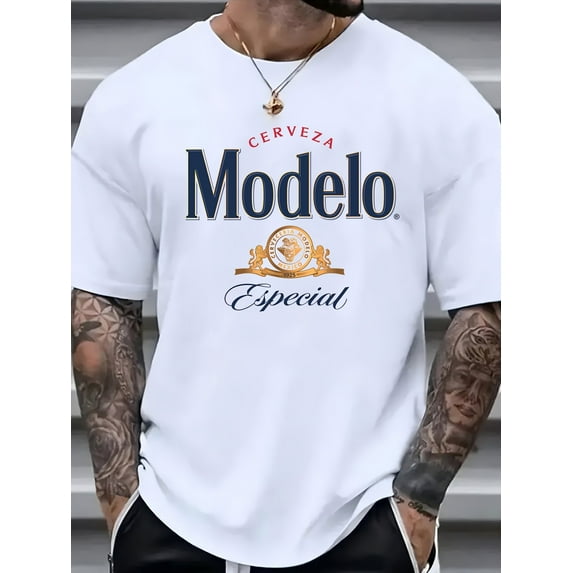 Modelo Men's Premium Cotton T-Shirt - Casual Crew Neck, Short Sleeve with Unique Print Design, Breathable & Machine Washable - White