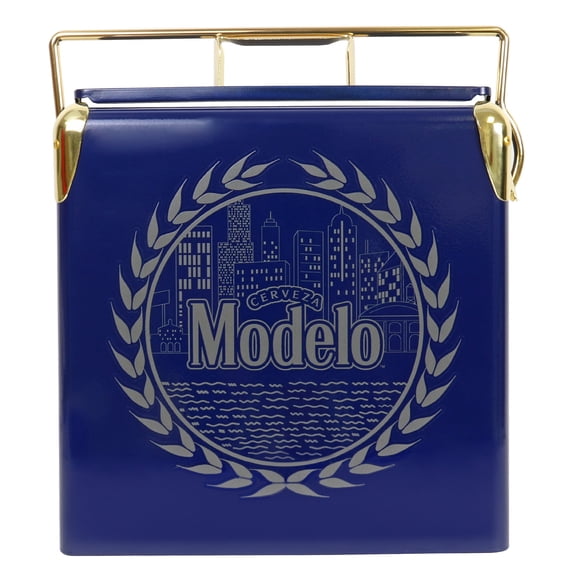 Modelo Retro Ice Chest Cooler with Bottle Opener 13L (14 qt), 18 Can Capacity, Blue and Gold, Vintage Style Ice Bucket for Camping, Beach, Picnic, RV, BBQs, Tailgating, Fishing