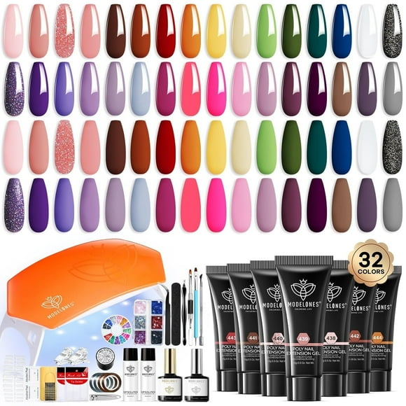 Modelones 133pcs Poly Extension Gel Nail Kit, 32 Colors All Seasons Poly Nail Gel Kit with Nail Lamp Slip Solution Builder Nail Kits Manicure Tools Nail Forms for Starter Nail Art for Women