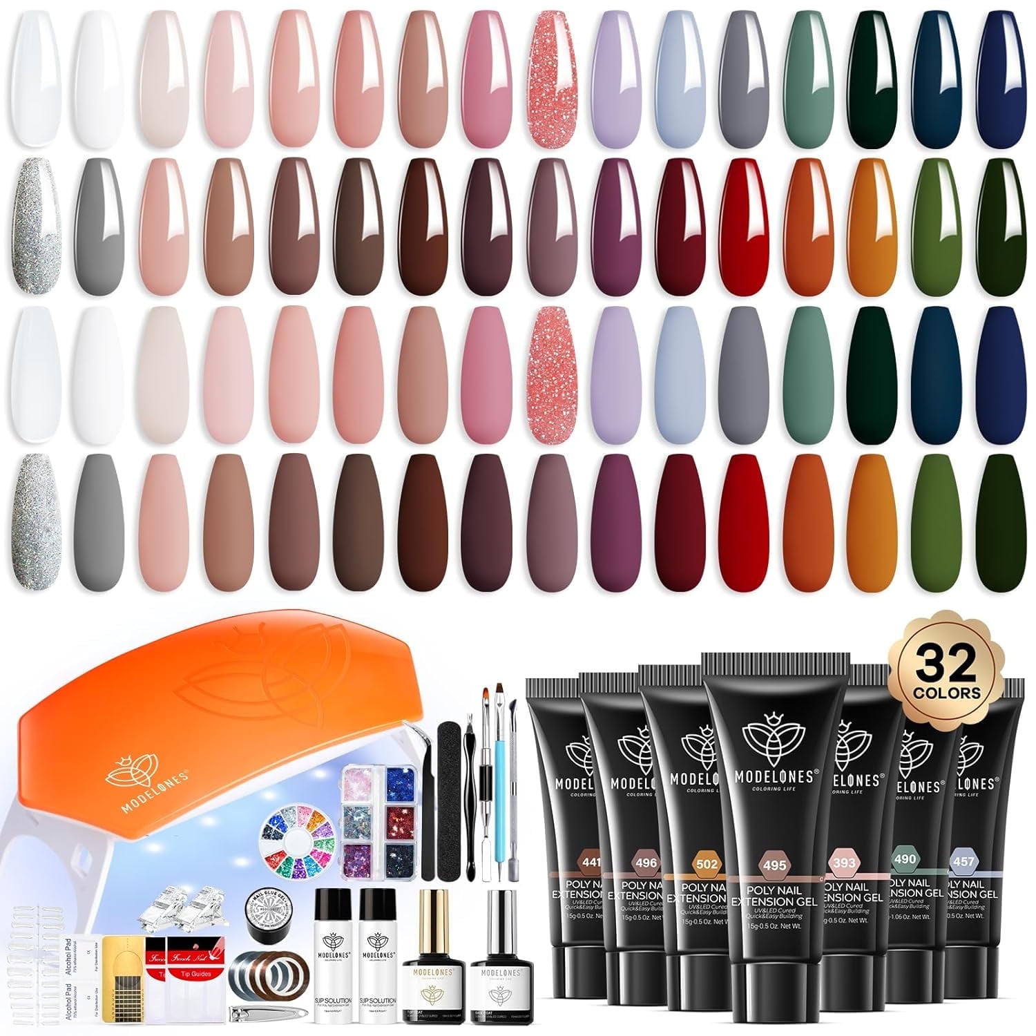 Modelones 133pcs Poly Nail Gel Kit, 32 Colors Poly Extension Gel kit with Nail Lamp Base&Top Coat Slip Solution Builder Nail kits Manicure Tools for Starter Nail Art Design Supplies Kit