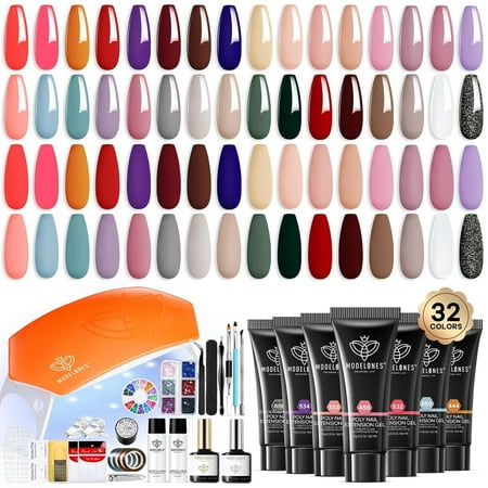 Modelones 133pcs Poly Nail Gel Kit, 32 Colors Poly Extension Gel kit with Nail Lamp Base&Top Coat Slip Solution Builder Nail kits Manicure Tools for Starter Nail Art Design Supplies Kit