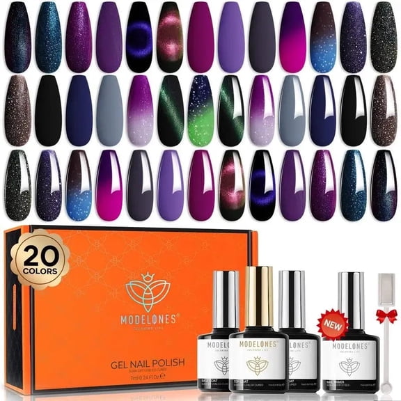 Modelones 20 Colors Cat Eye Gel Nail Polish Set, Aurora Chameleon Magnetic Gel Kit with 4Pcs Functional Gel & Magnet, Soak‑Off UV LED Gel for Home DIY & Salon Manicure