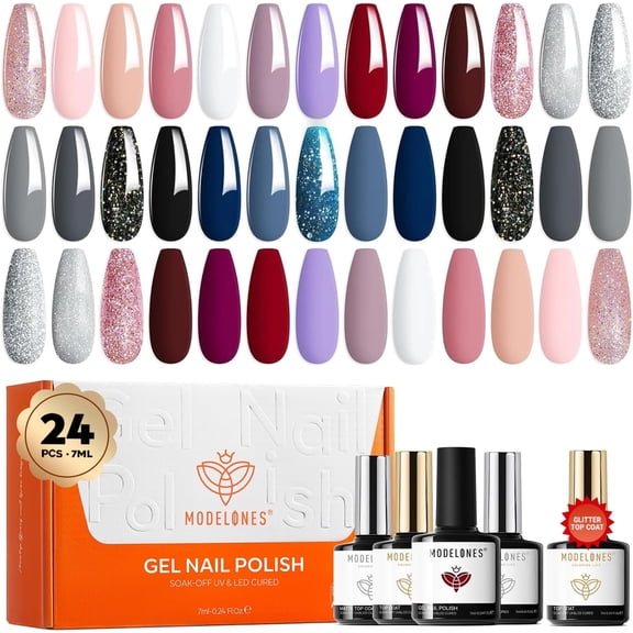 Modelones 24 Pcs Gel Nail Polish Kit, 20 Colors Pink Blue Glitter Nail Polish Gel with Glossy & Matte Top Coat Base Coat Starter Kit Soak Off U V Gel LED Manicure Gift for Women DIY Home Salon