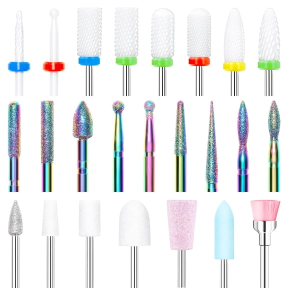 Modelones 24 Pcs Nail Drill Bit Set, 3/32” Ceramic Diamond Carbide Professional Nail Drill Bits, Acrylic Gel Nail Bit Kit, Cuticle Remover Bits for Acrylic Gel Dip Powder Nail Manicure Pedicure