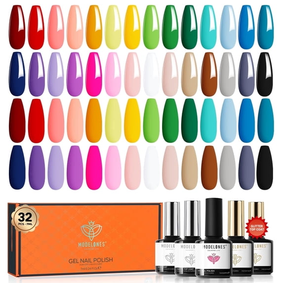 Modelones 32 PCS Gel Nail Polish Set 28 Colors Spring Summer Rainbow with Base and Top Coat 224 mL