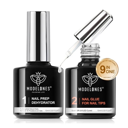 Modelones 9 in One Nail Glue Gel Nail Prep Dehydrate Gel Nail Kit Nail Extension Set for False Nail Tips/Acrylic Nails/Base Gel/Bloom Gel/Adhesive Bond, Long Lasting Curing Needed