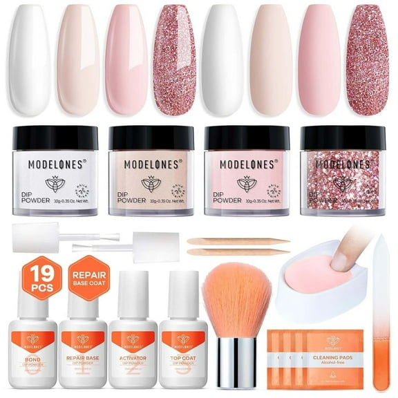 Modelones Dip Powder Nail Kit, 4 Colors White Nude Pink Glitter Dipping Starter Set with Liquid and Complete Accessories for French Nails Art Salon DIY at Home Manicure