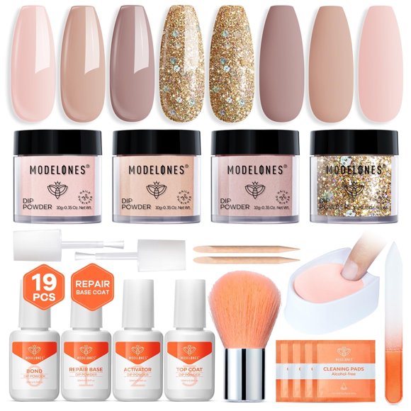 Modelones Dip Powder Nail Kit Starter, 4 Colors Nude Brown Dipping Powder Repair Liquid Set with Recycling Tray for French Nail Art Salon DIY at Home Manicure