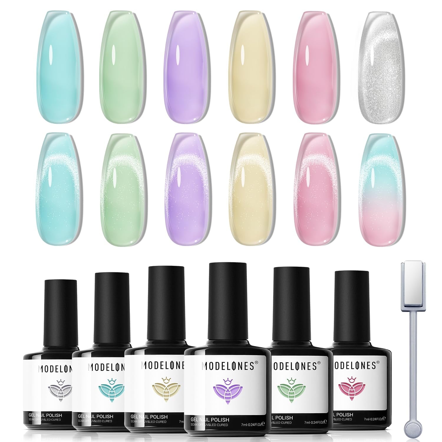 Modelones Gel Nail Polish Set, 6 Translucent Colors Pastel Sheer Pink Yellow Lavender Purple Baby Blue Mint Green Jelly Gel Polish Silver Cat Eye Gel Polish W Magnet Soak Off LED Nail Art Gel DIY
