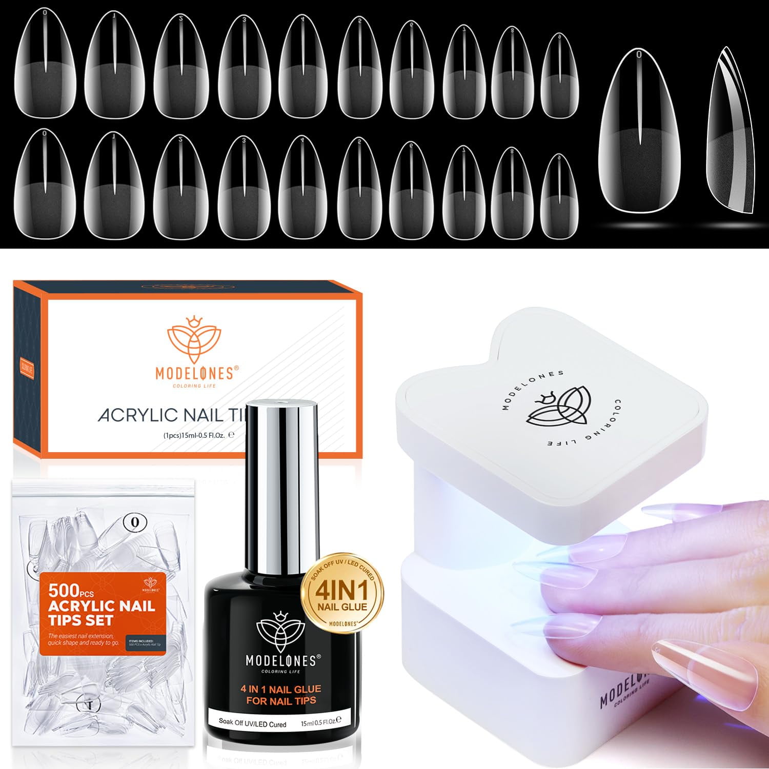 Modelones Gel x Nail Kit, 4 in 1 Nail Glue Gel with 500pcs Half Matte Almond Nails & Portable U