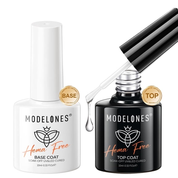 Modelones Hema-Free Gel Base and Top Coat Set, 2 Pcs Clear Glossy Gel Top Base Coat No Wipe Long Lasting for Spring Gel Polish, Acrylic Nails Soak Off Nail Lamp Easter Nail Art Home Salon Manicure
