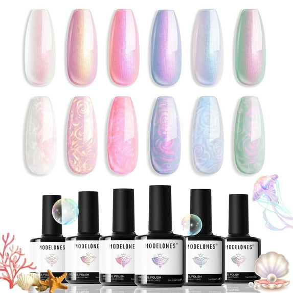 Modelones Pearl Gel Nail Polish Set, 6 Colors Aurora Iridescent Shimmer White Pink Purple Mermaid Nail Drawing Gel Polish Soak Off Led Summer Glitter Nail Gel Polish