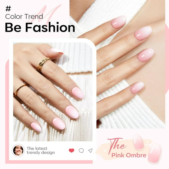 Modelones Press on Nails Short, Oval Fake Nails, Reusable Nail Kit with Nail Glue Adhesive Tabs Mini Nail File, Nails Press Ons 32Pcs 16Sizes, Women Girl Gift, Pink Ombre