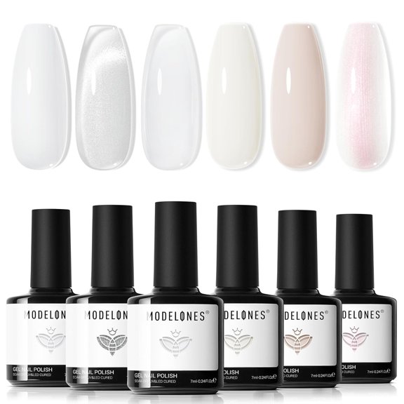 modelones White Gel Nail Polish, 6 Colors Milky White Cat Eye Gel Polish Set with Magnet Nude Jelly Soak Off Nail Kit Manicure DIY Nail Art Salon Home Gift