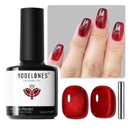 modelones Cat Eye Gel Nail Polish,15 ML Glitter Red Nail Polish Magnetic Burgundy Red Sparkle Bloody Glass Polish Reflective Translucent UV Ge Art DIY Salon Mother's Day Gift for Girl Women
