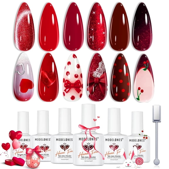 modelones Red Gel Nail Polish Set 6 Colors Burgundy Cherry Dark Red Cat Eye Glitter Color Changing 2026 Mother Day Hema&TPO Free Gel Polish Kit with Magnet Soak Off Nail Art DIY Gifts