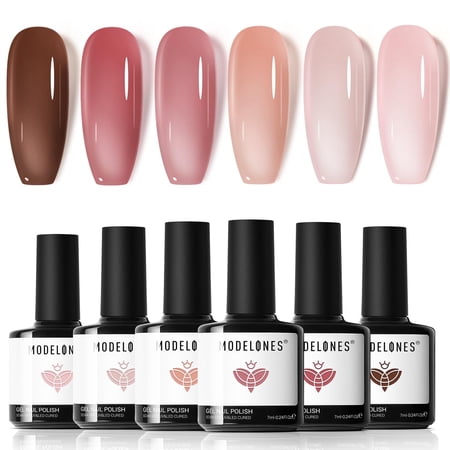 Modelones Gel Nail Polish Set 6 Colors Nude Red Pink Brown Transparent Gel Polish Kit Neutral Clear Crystal Translucent Manicure Sheer Nails Art Trend Home DIY Manicure Gift For Women Girl