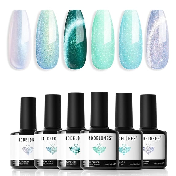 modelones Gel Nail Polish Set 6 Colors Green Cat Eye Gel Nail Polish White Glitter Light Mint Green Jade Mermaid Pastel Shimmer Polish Soak Off LED Spring Easter Nail Art Salon DIY Gift For Women