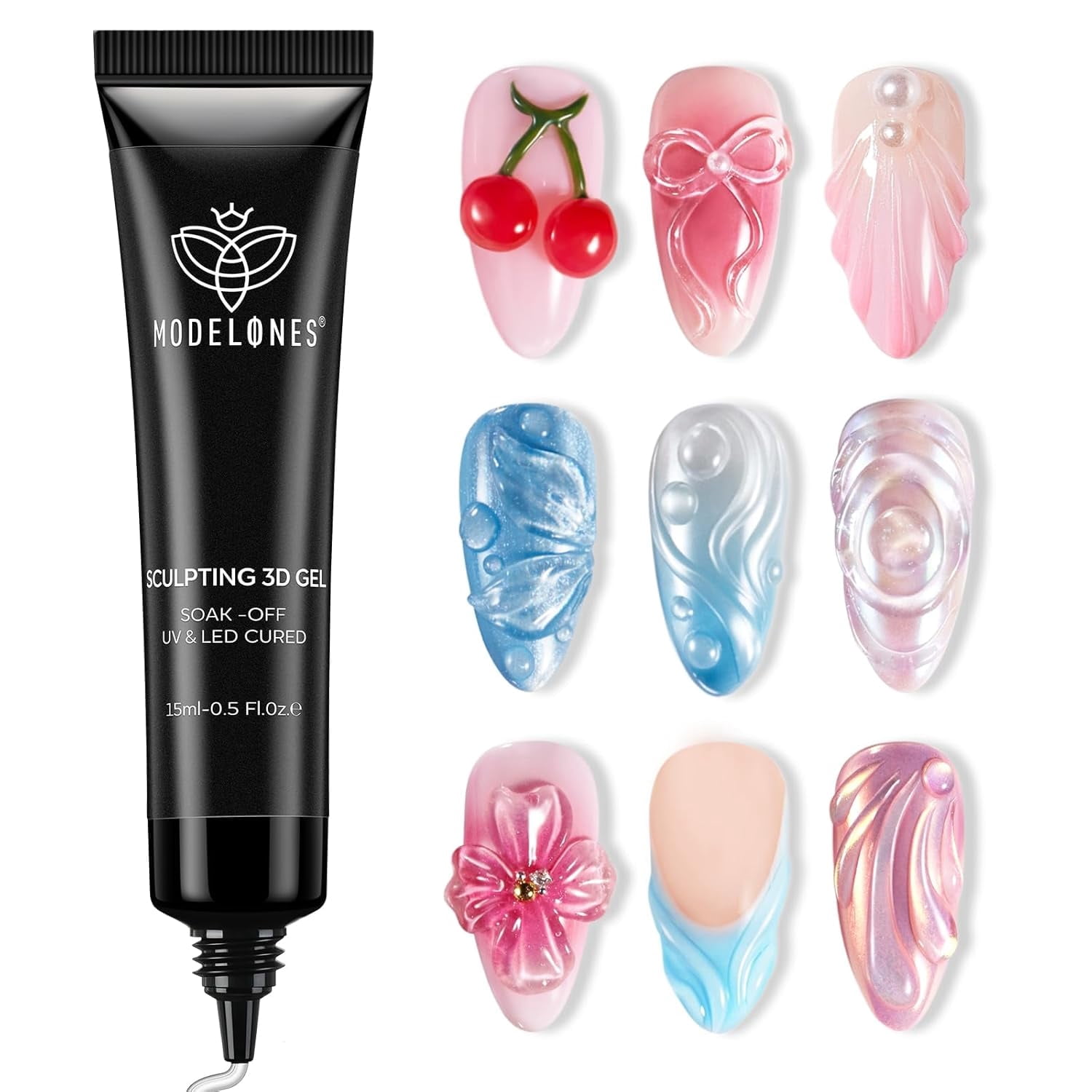 Modelones 3D Nail Gel Art, Sculpting Gel Glue for Molding, Drawing, Nail Charms & Gems, Chrome Powder and Rhinestone Design No Wipe, U V Light Cured Salon & DIY Use