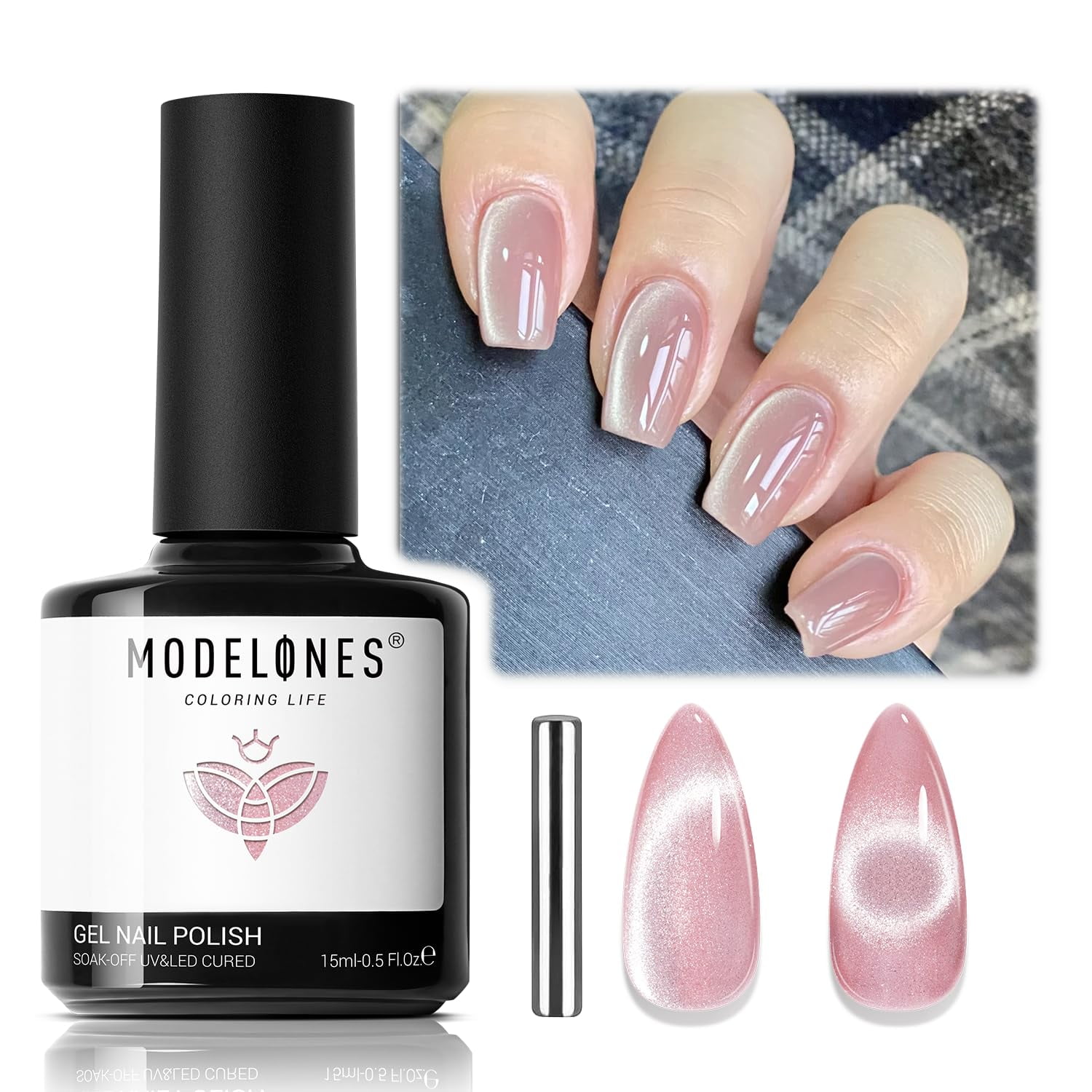 modelones Cat Eye Gel Nail Polish, 15 ML Pink Glass Cat Eye Gel Nail Polish with Magnet Spring White Silver Shimmer Soak Off Reflective Translucent Gel Magnetic Nail Polish for Women Girl