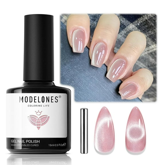 modelones Cat Eye Gel Nail Polish, 15 ML Pink Glass Cat Eye Gel Nail Polish with Magnet Spring White Silver Shimmer Soak Off Reflective Translucent Gel Magnetic Nail Polish for Women Girl