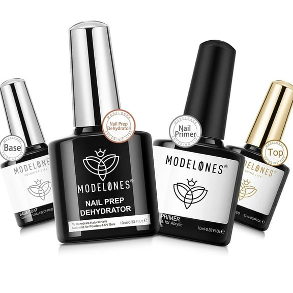 modelones Nail Dehydrator and Primer with Gel Base & Top Coat Set, Acid Free Acrylic Supplies Primer Glossy Gel Nail Polish Top Coat Starter Kit