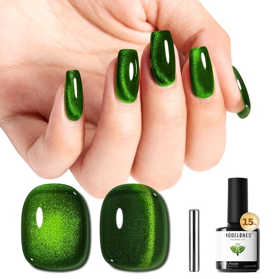 modelones Cat Eye Gel Nail Polish Green Gel Polish Jelly Glass with Magnet Holographic Glitter Shimmer Translucent Sheer Color Magnetic Nail Polish Top Coat Salon DIY at Home 15 ML