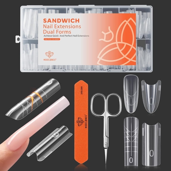Modelones Sandwich Dual Nail Form System, 240 Pcs Square Almond Reusable Top & Bottom Nail Forms with Guidelines Side Locking Clips Stable Apex Control Structure for Poly Builder Gel Extensions