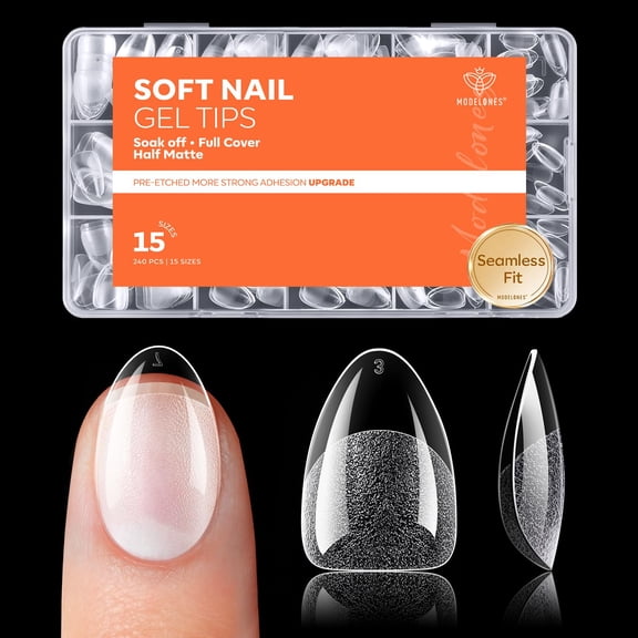Modelones Extra Short Almond Nail Tips 240PCS Soft Gel Nail Tips Full Cover Pre-Shaped Half Matte Clear Nail Extension Tips Press On Nails for DIY Manicure Salon Use 15 Sizes