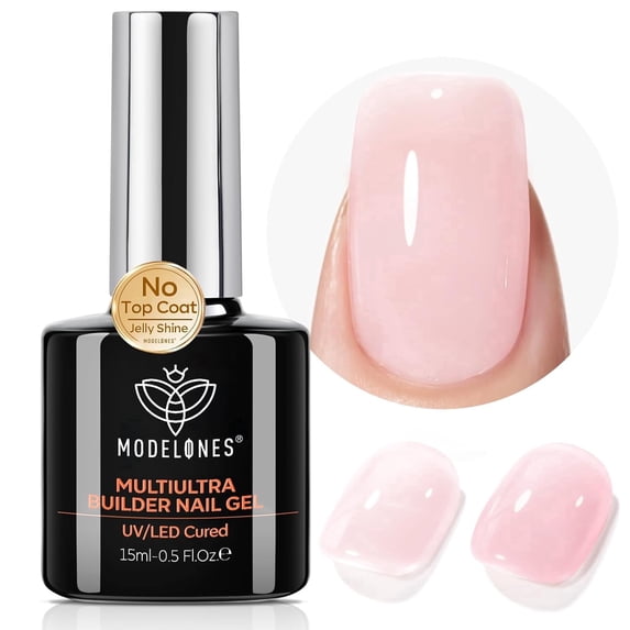 modelones Builder Nail Gel,No Top Coat Needed Builder for Nails Cover Nude, C-Curve Sculpting, Glossy Jelly Finish Nude Pink, No-Wipe, 9-in-One LED Lamp Cured Color Gel Polish for Quick Diy Salon