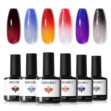 modelones Color Changing Gel Nail Polish Set, 6 Colors Temperature Changing Mood Red Black Blue Glitter Gel Polish Colors Collection Soak Off Christmas Gifts New Year Holiday Salon DIY at Home