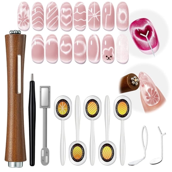 modelones Cat Eye Gel Polish Magnet for Nails, CatEye Magnet Tools Heart&Hole Square Powerful 3-in-1 Magnetic Pen Double Head Lollipop Magnetic Gel Polish Heart French Floral Effect Gift 10PCS
