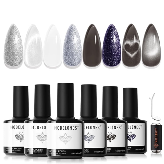 modelones Gel Nail Polish Set with French Tip and heart cat eye magnet, 6 Colors Jelly Sheer Black White Cat Eye Silver Blue Purple Glitter Gel Polish Kit Soak Off UV Salon DIY at Home Gift for Women