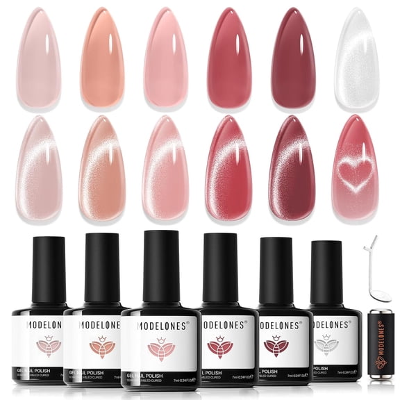modelones Cat Eye Gel Nail Polish, 6 Colors Jelly Nude Pink with Magnet Sparkle Galaxy Series Nail Gel Polish Kit Soak Off Led Nail Art Manicure Salon DIY Gifts