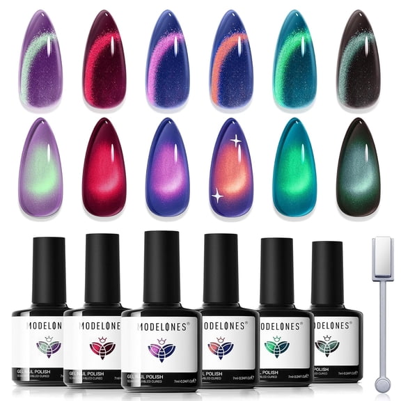 modelones Glitter Cat Eye Gel Nail Polish Kit with Magnet, 6 Colors Blue Green Purple Brown Red Orange Colorful Holographic Nail Polish Set, UV Cure Gel for DIY Manicure at Home Gift for Women