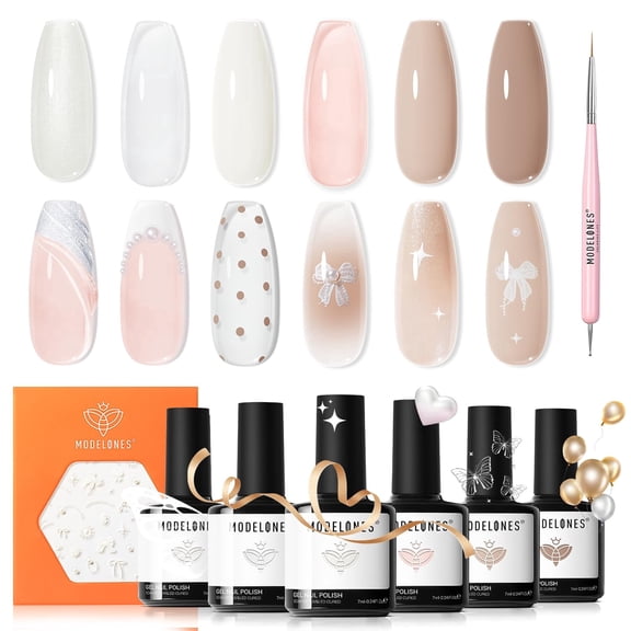 modelones Gel Nail Polish, 6 Colors Milky White Nude Beige Jelly Shimmer Gel Polish Set with Stickers & Liner Brush for DIY French Nails Polka Dot Nails Soak Off Nail Art Kit Manicure Salon