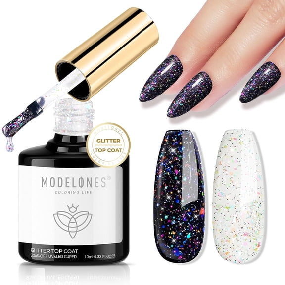 modelones Glitter Gel Nail Polish Top Coat, Rainbow Confetti Gel Top Coat with Scattered Sparkle Shimmer Sequins, Soak Off Long Lasting High Glossy Finish Home Salon DIY Manicure Nail Art