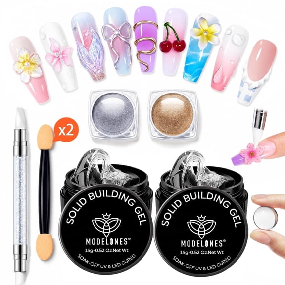 modelones 3D Gel Nail Art Kit, Non-Sticky Solid Builder Sculpting Gel for Nail Art Molding & Extensions with Chrome powder for Beginner DIY or Salon Spring Nails at Home Cured Needed