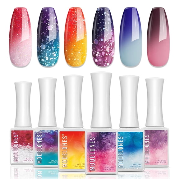 modelones Gel Nail Polish Set, 6 Colors Color Changing Valentine's Day Red Blue Purple Pink Neon Mood Temperature Change Gel Polish Set Soak Off DIY Home Nail Art Gift