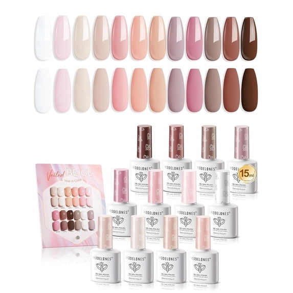 Modelones 15ml 12 Pcs Gel Nail Polish Set in Same Color Same Bottle Nude Pink Milky Beige Skin Tone Neutral Brown Bloodless Gel Polishing Set Spring Soak Gel Polish Set Nail Art