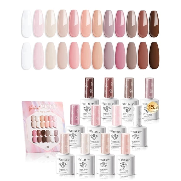 Modelones 15ml 12 Pcs Gel Nail Polish Set in Same Color Same Bottle Nude Pink Milky Beige Skin Tone Neutral Brown Bloodless Gel Polishing Set Spring Soak Gel Polish Set Nail Art