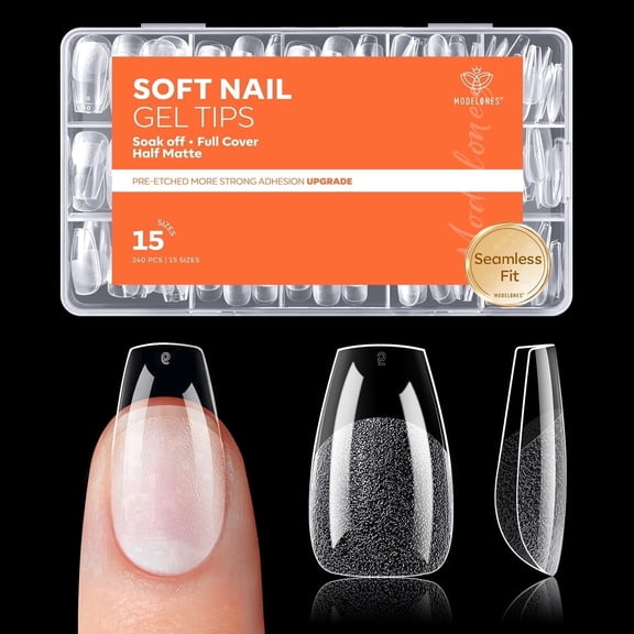 Modelones Short Coffin Fake Nail Tips - 240Pcs Gel Tips Pre-shaped Half Matte Full Cover Clear Acrylic Gel Kit False Press on Nails for Extension DIY Salon 15Sizes Visit the modelones Store