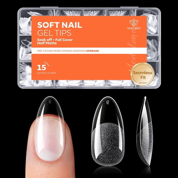 Modelones Almond Gel Nail Tips, 240PCS Pre-Etched 40 Grit Half Matte Clear Full Cover Soft Gel Nails, 15 Sizes Medium Almond Fake Nail Tips for DIY Extensions Press On Nails for Women
