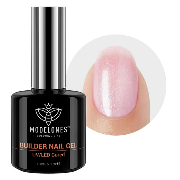 modelones Builder Nail Gel, 8-in-One Pink Shimmer Builder, Sparkle Glitter Pink Rubber Base Gel Polish LED Lamp Cured Hardener Color Base Strengthener Extension for Home DIY Salon Girls