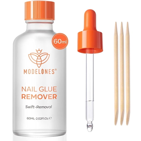 Modelones 60 ML Nail Glue Remover for Press On Nails, Upgrade Clear Stick On Nails Remover for Acrylic Tips, Nail Polish Remover with Wood Stick