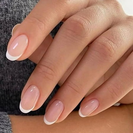 modelones French Tip Press On Nails, Short Oval Fake Nails Press Ons with Nail Glue, Adhesive Tabs, Nail File, Prep Pad, Manicure Stick, 32Pcs 16 Sizes, Nude