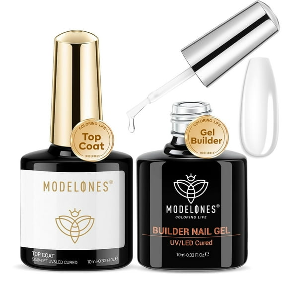modelones Builder Nail Gel with Gel Top Coat, 8-In-One Clear Builder Acid Free Top Coat for Nail Thickening Apex Building Extension Shine Finish and Long Lasting, LED Lamp Cured 10ml DIY Home Salon
