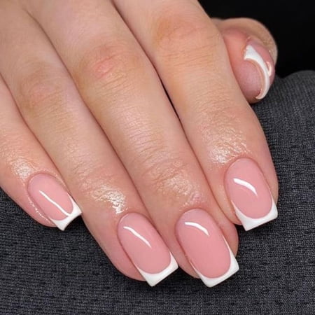 Modelones French Tips Press on Nails, Short Square Fake Nails, Reusable Nail Kit with Nail Glue Adhesive Tabs Mini Nail File, Nails Press Ons 32Pcs 16 Sizes, White